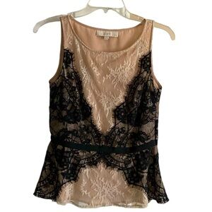 LOFT Women’s Black And Beige Lace Sleeveless Blouse Tank Size 2 Petite